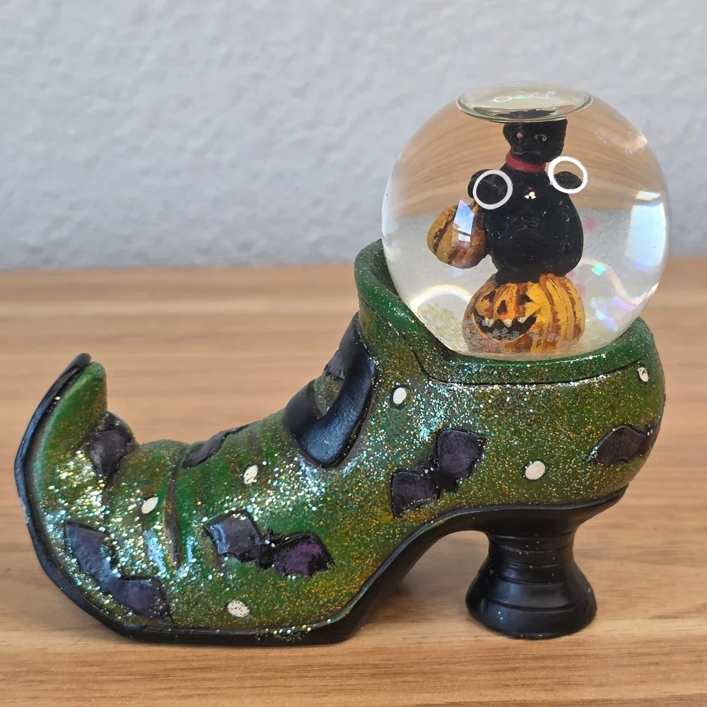Halloween Snow Globe Witch Boot Set 4pc Black Cat Ghost Scarecrow Pumpkin